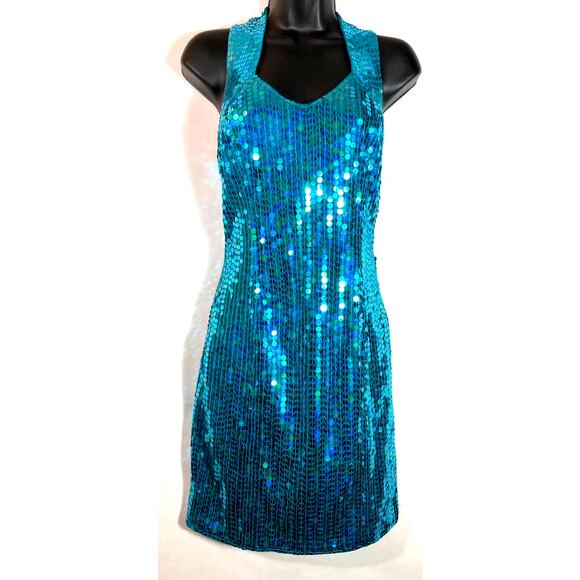 Vintage 90s Teal Sequin Mini Dress Concert Party Cocktail Sleeveless Mermaid - Picture 13 of 13